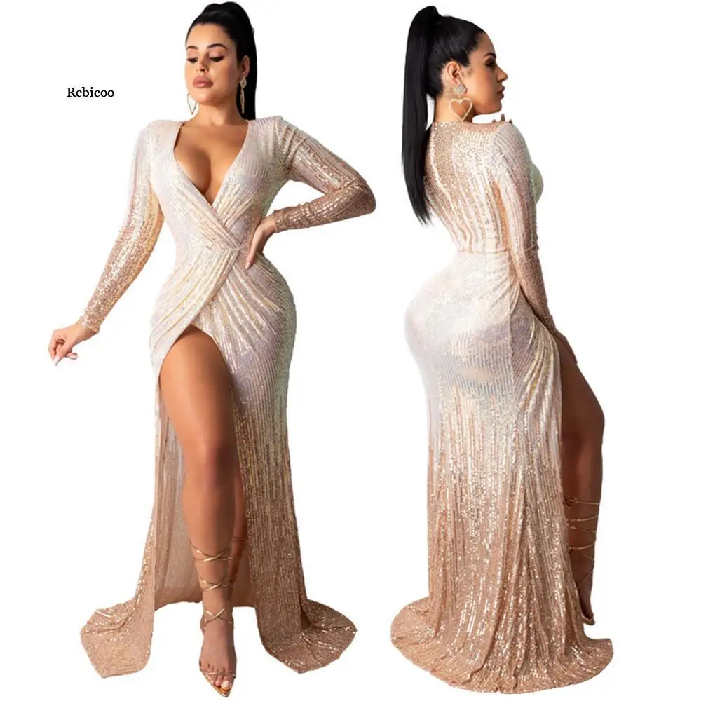 

Ladies Sexy Sequins Maxi Evening Party Dress Wrap V Neck Ruched Long Sleeve High Slit Robe Long Club Dress Female Vestido