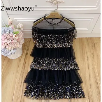 

Ziwwshaoyu Designer Brand Summer Sexy Tiered Black Mesh Sequins Embroidery Party Dresses Women's High Quality Clothing