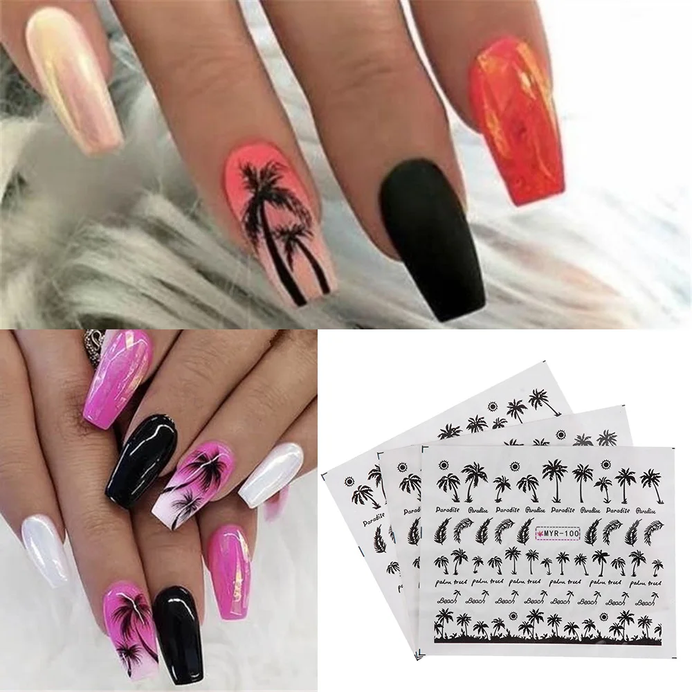 2PCS Tropical Style Coconut Tree Nail Stickers Summer Palm Tree Design Water Transfer Paper Nail Decals DIY Art Decoration nail stickers,nail art decoration,nail decals
