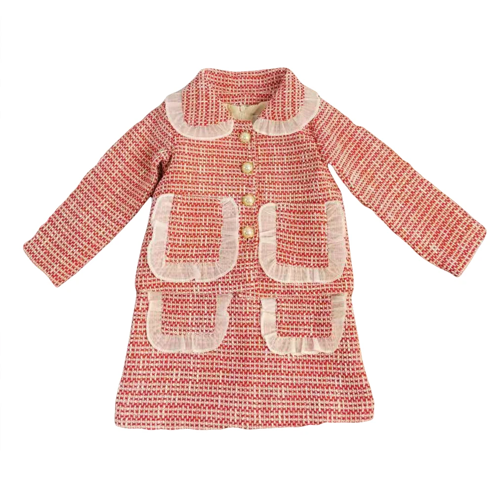 

New Arrival Children Woolen Outerwear Lace Girls Dresses Clothes Sets With Paper Bag