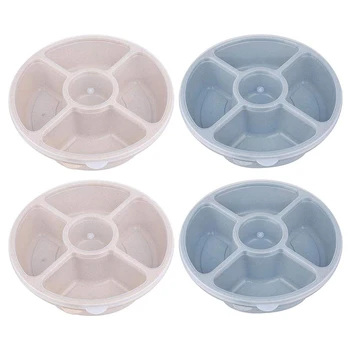 

4 Pack Serving Trays with Lid - 4 Compartment Round Wheat Straw Candy and Nut Serving Container, Food Storage - Divided