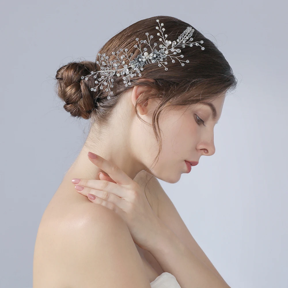 BUFEI HP02 Винтажные заколки для волос, декоративные расчески для волос из бисера, Серебристые свадебные заколки для волос, расческа для волос с цветочным рисунком
