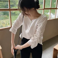 2020 Fall Autumn Basic Shirt Single Breasted Button Tops Cute Preppy Style Japan Korea Chic Vintage Blouse Solid White Women Top 2