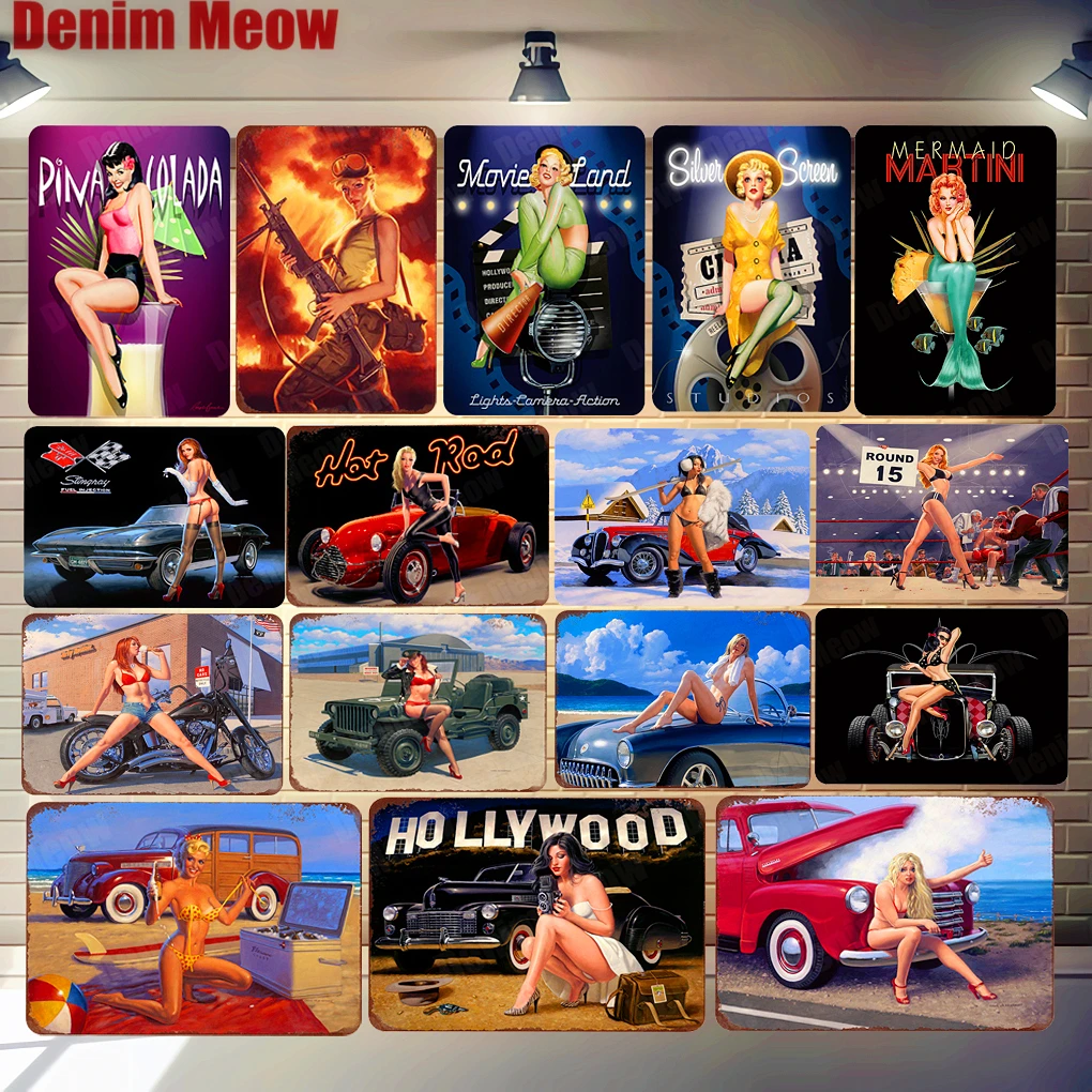 

Pin Up Girl Poster Sexy Lady Vintage Metal Tin Signs Bar Pub Cafe Garage Home Wall Decor Hollywood Wall Art Painting ZSS8