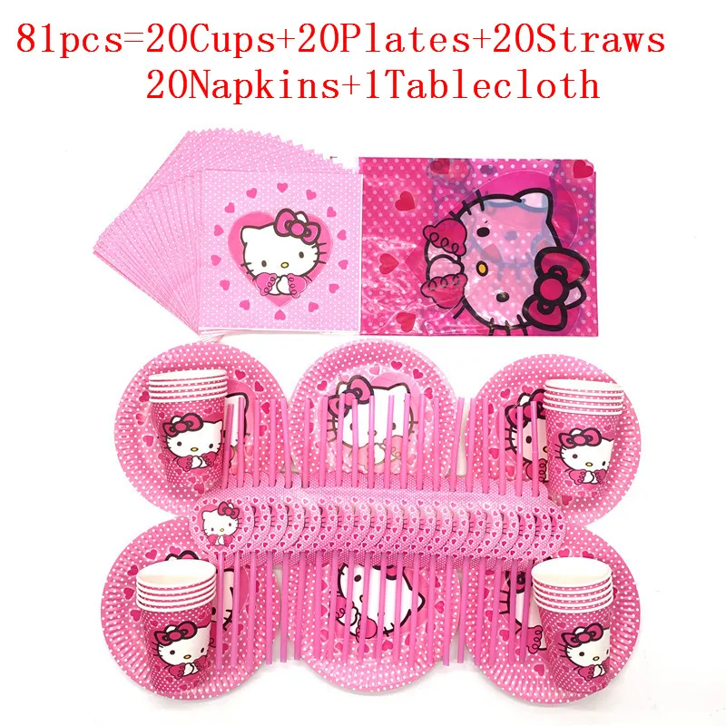 Бумажная скатерть в тематическом дизайне hello kitty, одноразовые столовые приборы для детей, семейные вечерние принадлежности для украшения дня рождения, 81 шт./51 шт