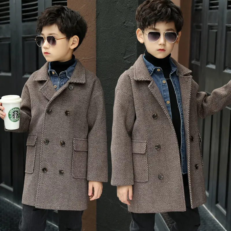

New 2022 Winter Woolen Jacket Korean Boy Version For Boys & Boy Thicken Coats Single-Breasted Hooded Casual Children's Clothing