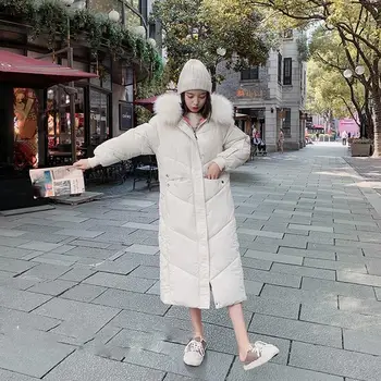 

2019 Fur Hooded Collar Casual Down Padded Jacket Women Long Sleeve Ultra Light Outwear Coat Winter Solid Long Parka