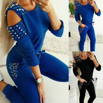 

Fashion Women 2Pcs Tracksuit Women's Sexy Open Shoulder Beading Tops Sports Pants Tracksuit Sets Suit Black Blue