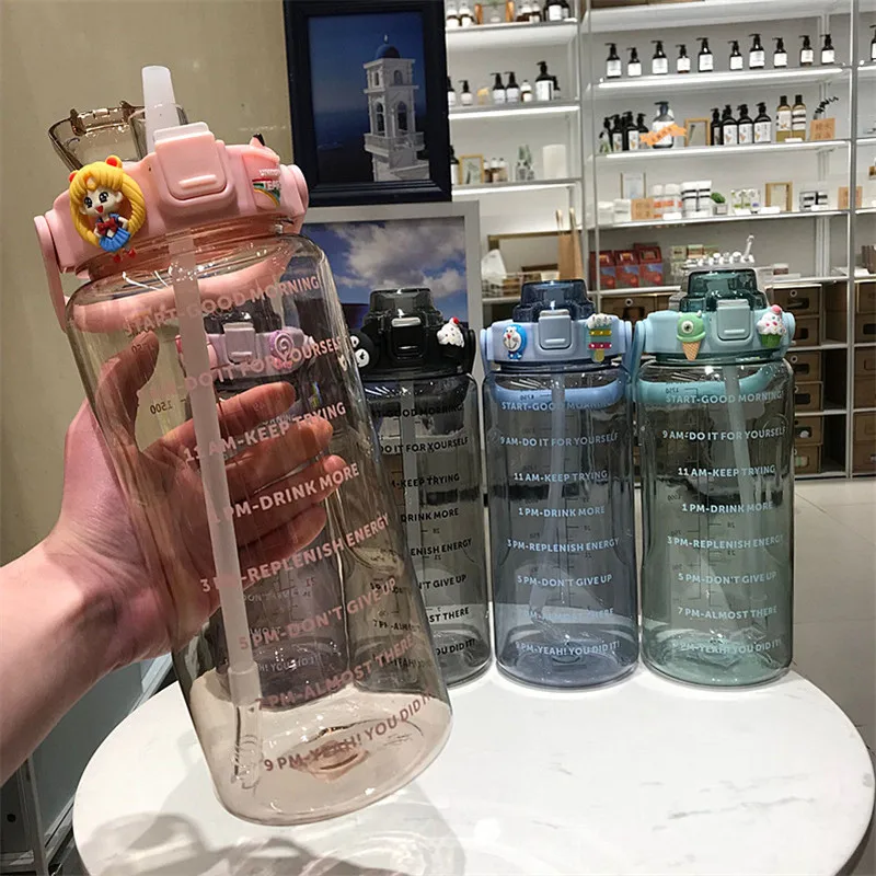 2L Water Bottle With Time Marker For Girl Fitness Jugs Large Capacity Portable Sports Gym Big Drink Bottle With Straw BPA Free