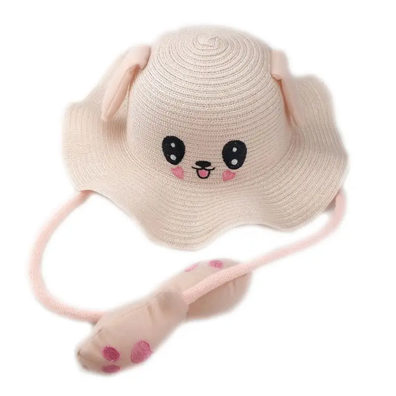 Light Pink Тканая Панама с широкими волнистыми полями для маленьких мальчиков и девочек, забавная воздушная подушка с ушками кролика, летняя детская пляжная Кепка с вышивкой - Цвет: Light Pink