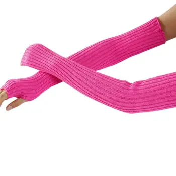 

Women Neon Bright Solid Color Fingerless Gloves Ribbed Knit Crochet Dance Over Elbow Long Arm Warmers Mittens with Thumb Hole