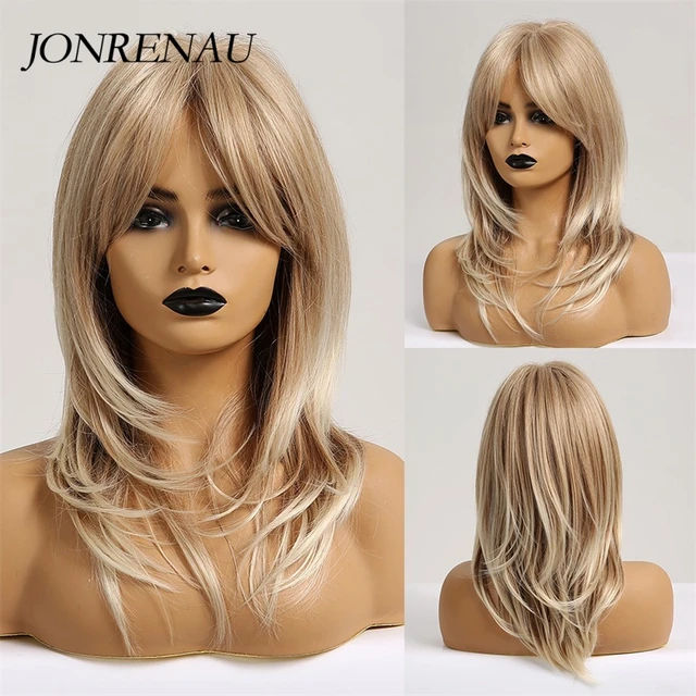 JONRENAU Long Natural Synthetic Straight Layered Hairstyle Wig Black Ombre Brown To Blonde Wigs for Black Women with Bangs Hair lc242-3