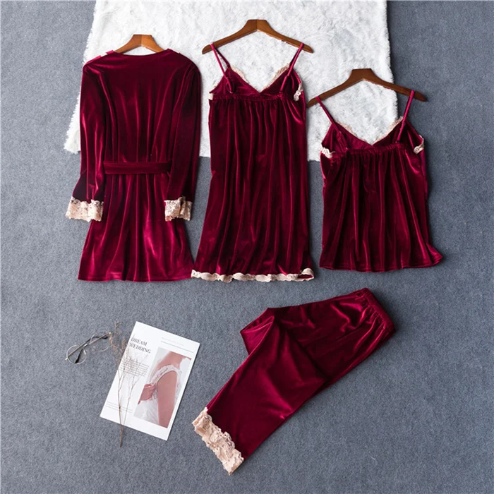 Cami& Pants& Robe, одежда для сна, Осенний теплый пижамный комплект, женская домашняя одежда, бархатное интимное белье, Повседневная Пижама, ночное белье, 4 шт