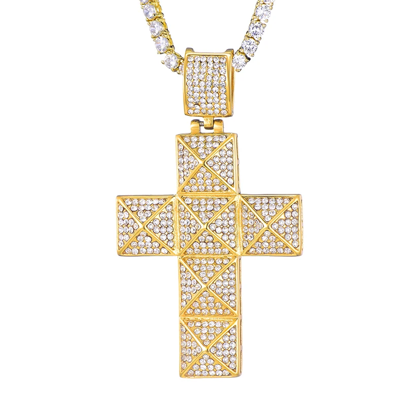 US7 Bling Micro Pave полный кулон крест со стразами и ожерелья из нержавеющей стали для мужчин хип хоп ювелирные изделия - Окраска металла: Светло-желтый, золотистый цвет