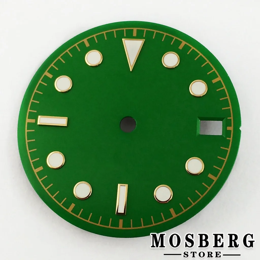 Sterile Luminous Black and Green Watch Dial with Date Window and Hands - 28.5mm