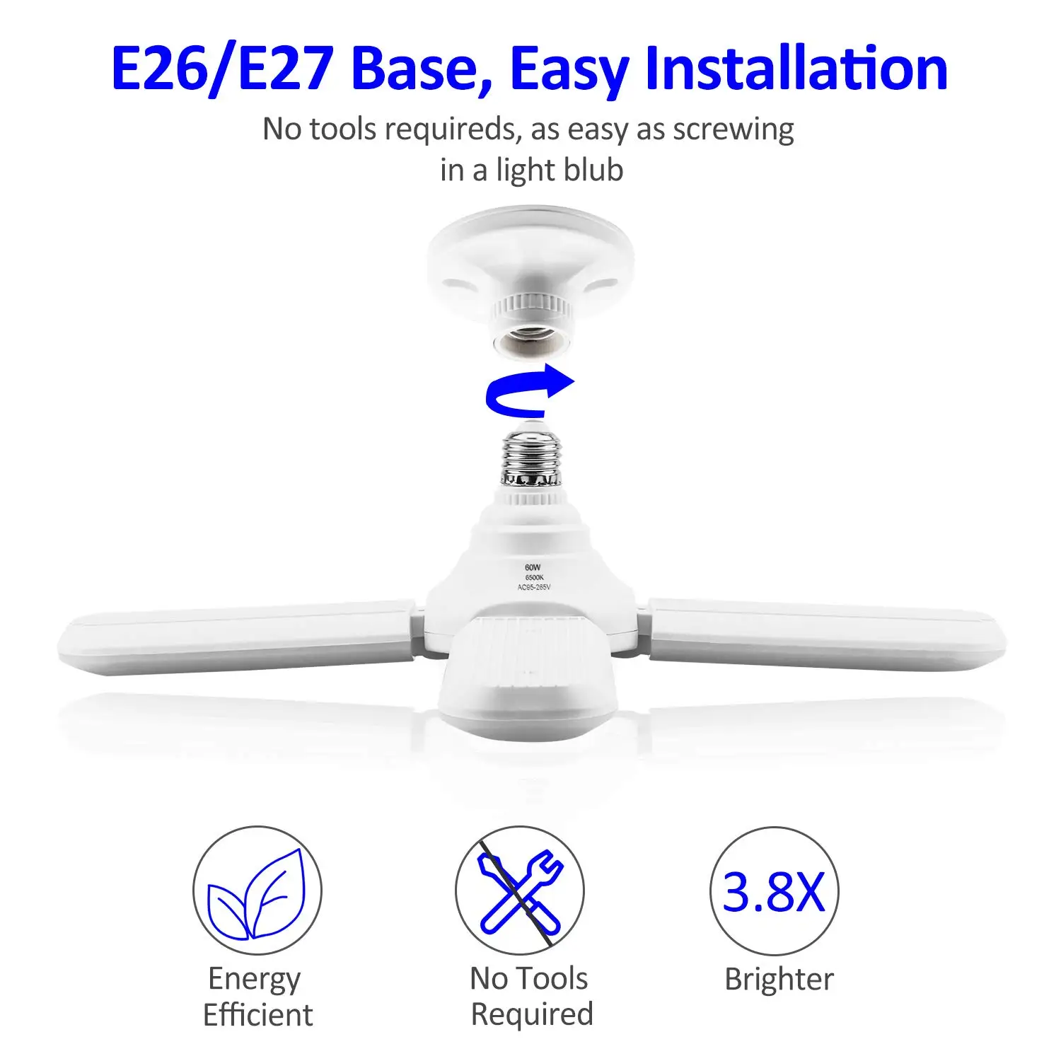 Led Garage Lights, Super Bright 60W Daylight Light Bulbs 4000LM Deformable Garage Ceiling LED Shop Lights for Garage, Working Li