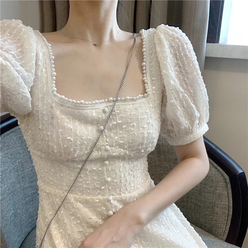 

Oh So Beautiful One Piece Dress Petite Square Neck Puff Sleeve Buttons Fit Flare Dress Short Robe Femme Vestido Fiesta Vestiti