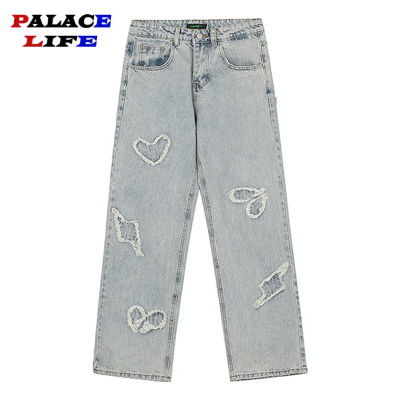 

Vintage Denim Mens Pants Patch Embroidery Loose Straight Pants Work Clothes Style Multi Pocket Punk Clothes Streetwear Trousers