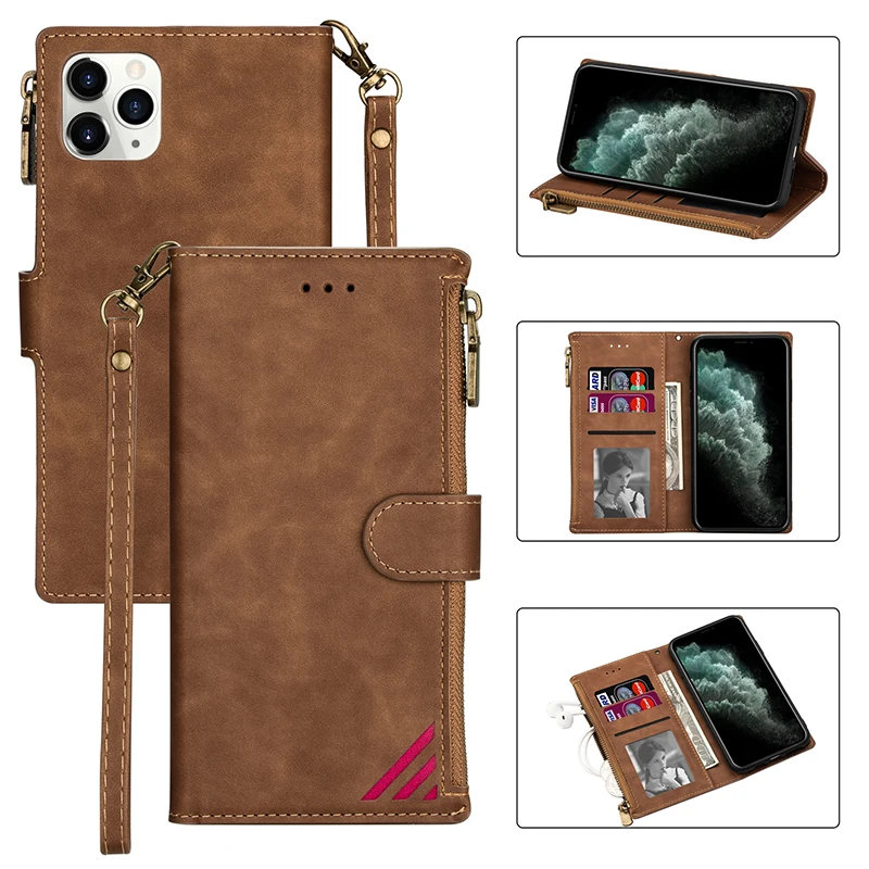 Чехол-кошелек на молнии для iPhone чехол-книжка из кожи с ремешком 11 Pro Max X Xs XR 8 7 6 Plus 12