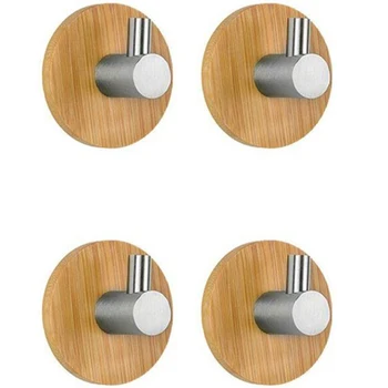 

4Pcs L Shaped Adhesive Hooks Bamboo Wood & Stainless Steel Wall Hangers For Clothes Towel Holder For Home Kitchen