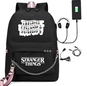 

Movie Stranger Things USB Backpack School Book Travel Bags Laptop Chain Backpack Headphone USB Ports Cosplay Boys Girls