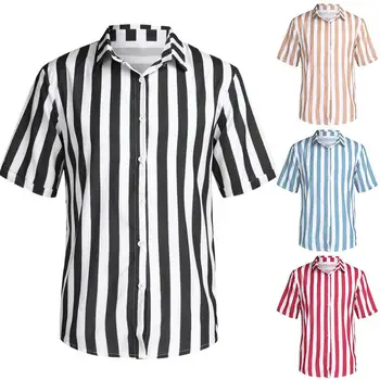 

Fashion Men Summer Stripe Print Buttons Turn Down Collar Short Sleeve Shirt Top clothing fashion