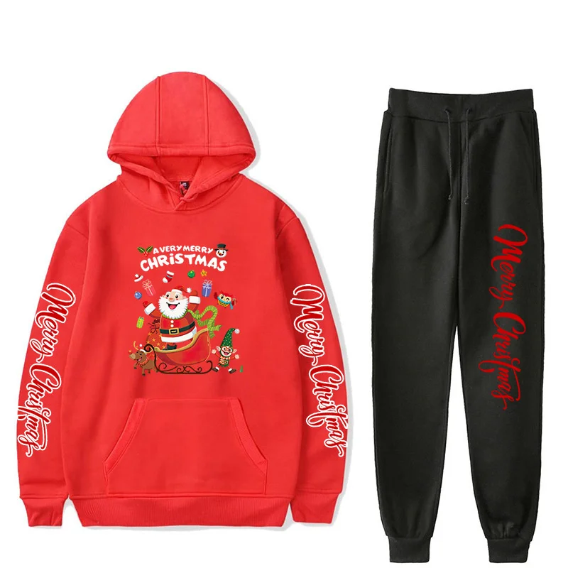 

Christmas Hoodies Sweapants Two Piece Suit Pullovers Solid Casual Sweatshirts Pants Set Hooded Pockets Sportswear Tracksuit 2021