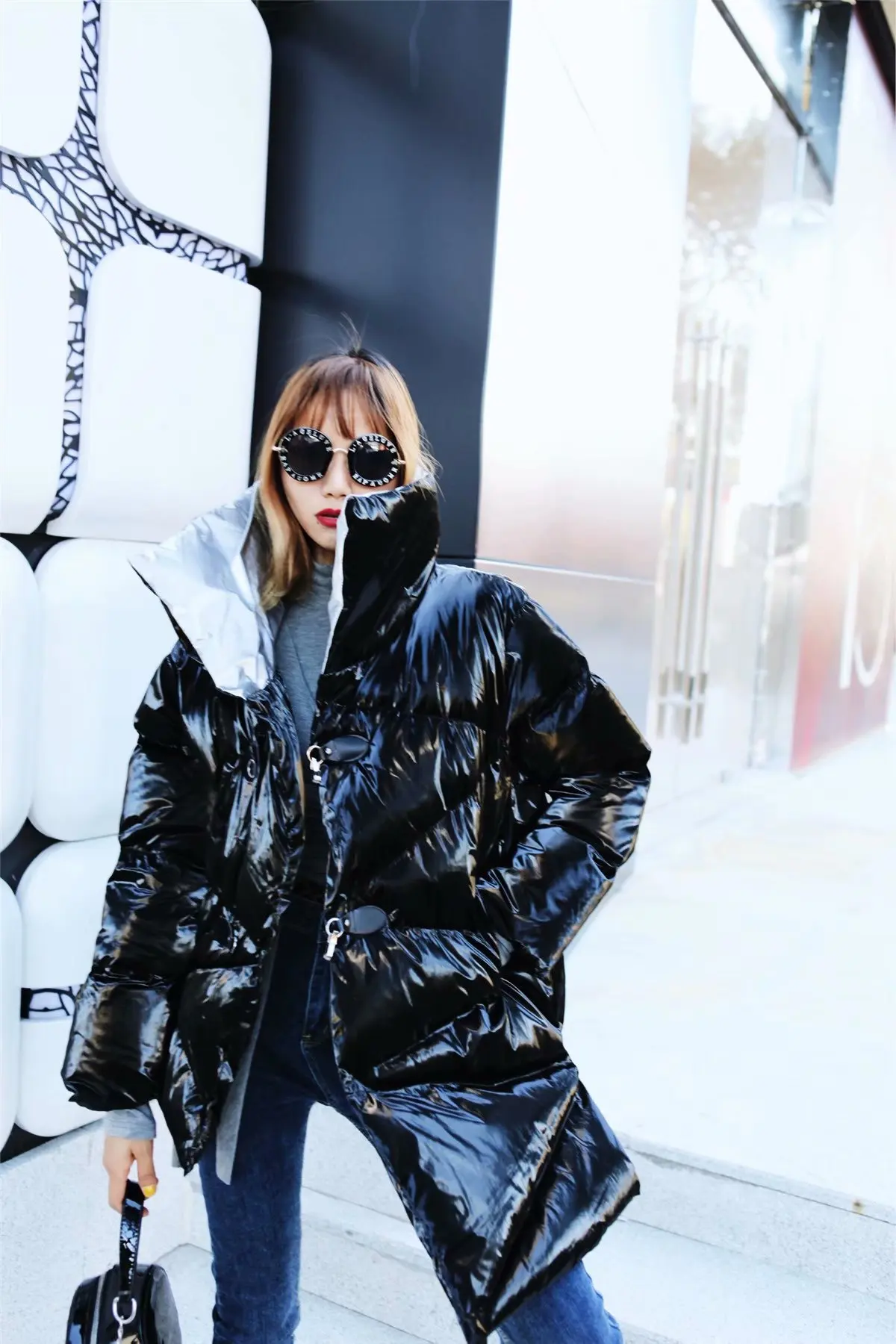 

2018 Winter New Style Europe And America Cool Non-symmetrical Thick Cotton-padded Clothes Metal Color Fold-down Collar Warm Cott