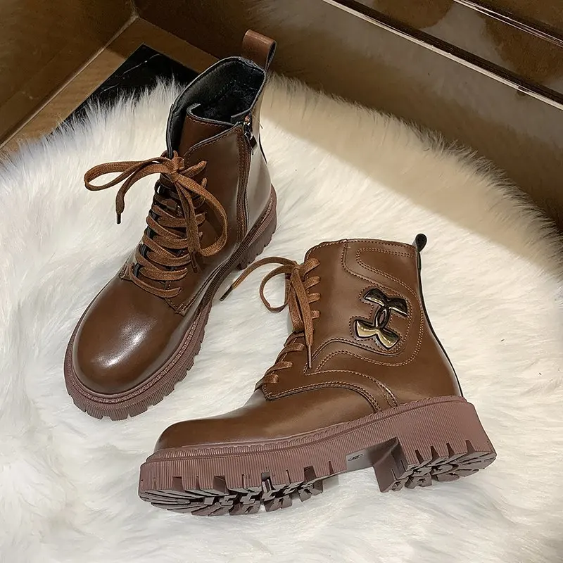 

2020 Ankle Boots for Women Winter Shoes Motorcycle Boots Thick Heel Platform Slip on Round Toe Fashion Martin Boots Brown Black