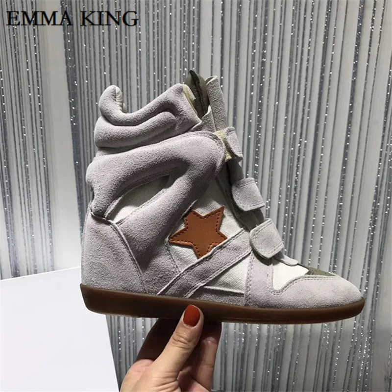 Autumn and winter Newest Fashion Designer Women Hook Loop Sneakers 8cm Invisible Inside Heighten Women Leather Ankle Boots