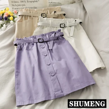 

College-Style High Waist Buckle Skirt Female 2020 New Summer Purple Solid Color Short A-line Skirt Students