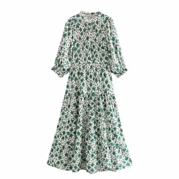 

New Women elegant o neck press pleated floral print casual slim long dress office lady vestidos chic brand party Dresses DS3412