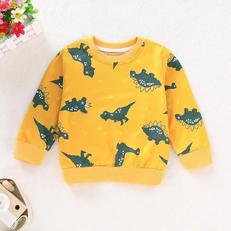 Осенняя детская футболка с длинными рукавами для маленьких мальчиков топы с круглым воротником и принтом динозавра