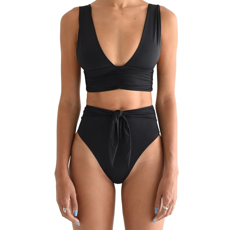 Глубокий купальные костюмы V-Neck для женщин, высокая талия, бикини, набор, Одноцветный купальный костюм модная летняя купальник с узлом, женский бикини, новинка
