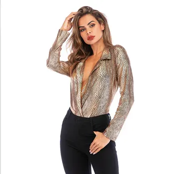 

Spring Slim Long Sleeve Lapel Top Sexy Deep V Leopard with Bodysuit For Women Fashion Lady Rompers Bodysuit Jumpsuit Plus size
