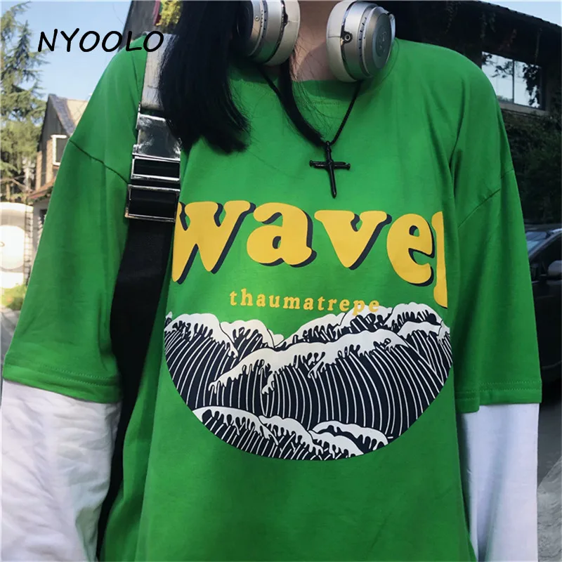 NYOOLO Harajuku стиль с волнистым буквенным принтом поддельные 2 шт. Лоскутная футболка осень уличная одежда с длинным рукавом Футболка для женщин и мужчин Топ - Цвет: Зеленый
