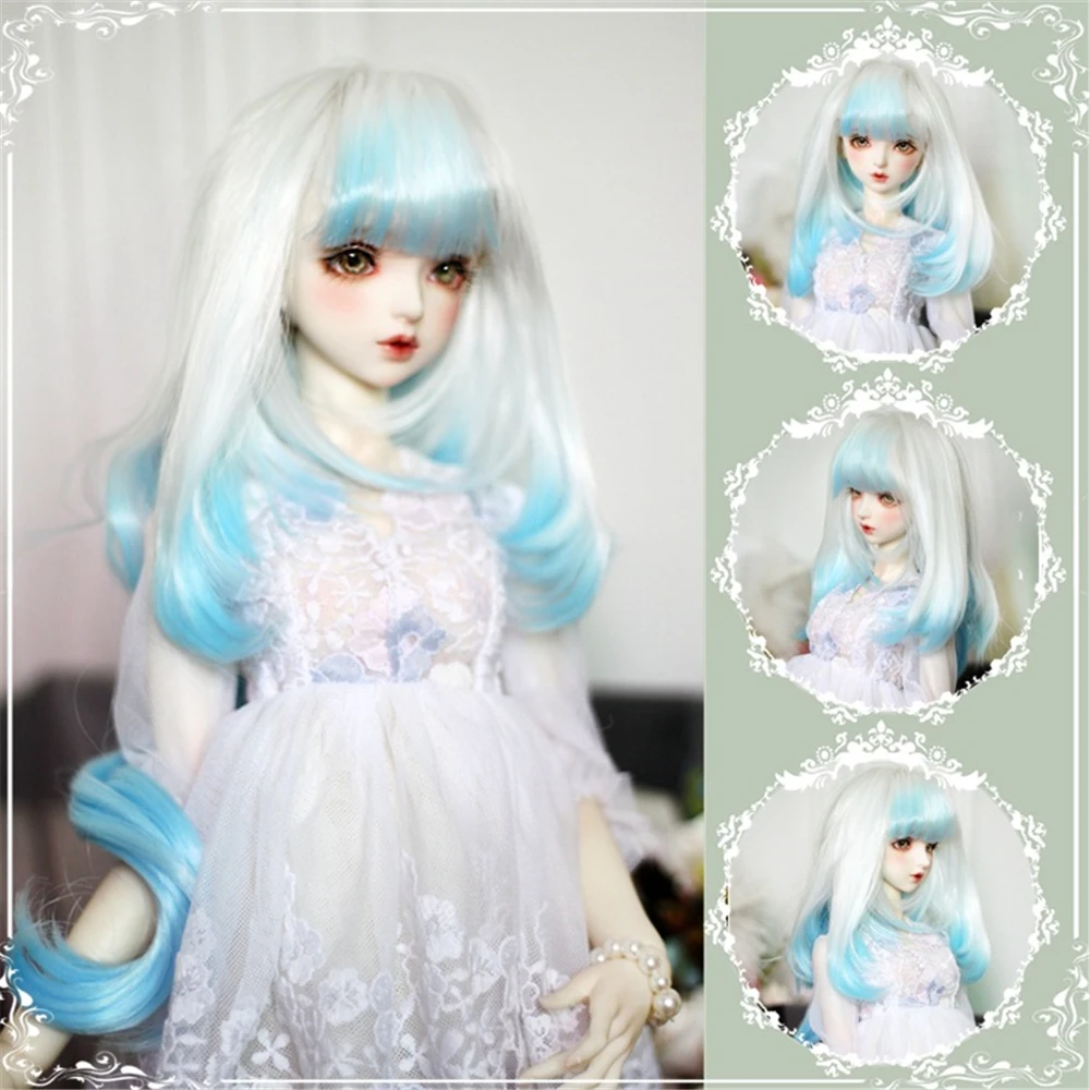 

BJD/SD Dolls Wig Hair Heat Resistant Wire Long Curly White Blue Ombre Wigs With Bangs for 1/3 1/4 1/6 Dolls