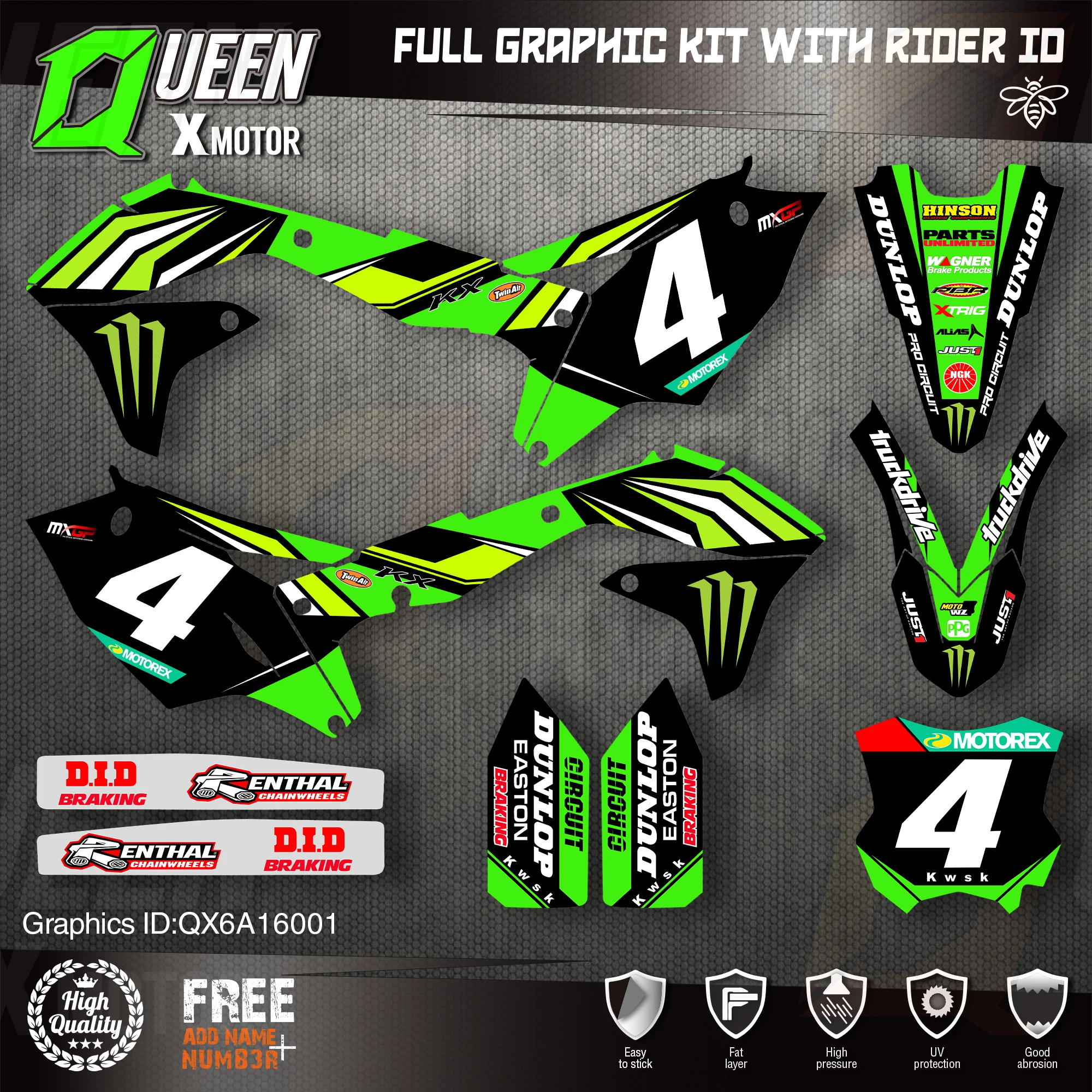 

Queen X MOTOR Custom Team Graphics Decals Stickers Kit For Kawasaki Decal 2016 2017 2018 KXF 450 001