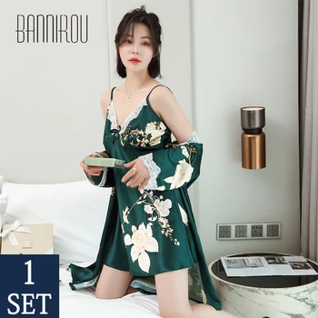 

2 Piece Autumn Woman Robes Silp Sets Stain Silk Sexy Full Nightgowns Set Floral Home Wear Female Robes Suit Sleepshirts New 2020