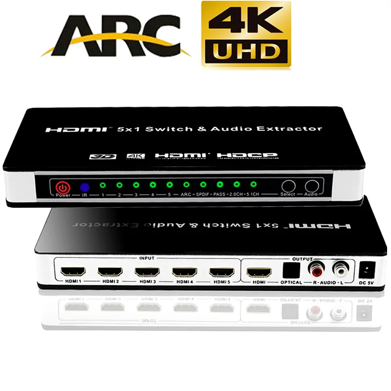 4K HDMI переключатель с адаптером питания 5x1 Аудио HDMI-совместимым аудио экстрактор x