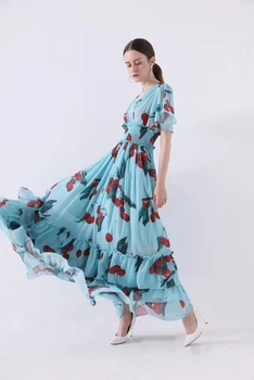 

Women's Fruits Printing Long Dress Sexy V Neck Adjustable Waist Silk blending Girl's Summer Sweets Dresses