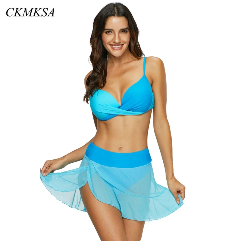 

2019 New Mesh XXL Bikinis Women Swimsuit Gradient Blue Bathing Suit Dress Plus Size Swimwear Skirt Push Up Bikinis Beach Biquini