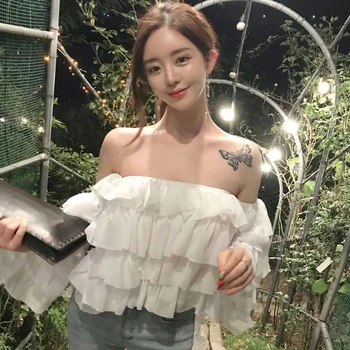 

COIGARSAM Vintage Chiffon blouse women New Summer Cute Flare Sleeve blusas womens tops and blouses White 9533