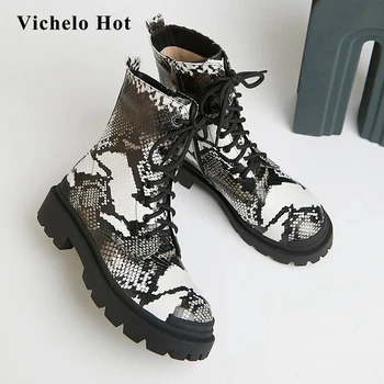 

Vichelo Hot motorcycle boots natural leather stone pattern mixed colors round toe thick med heel lace up neutral ankle boots L40