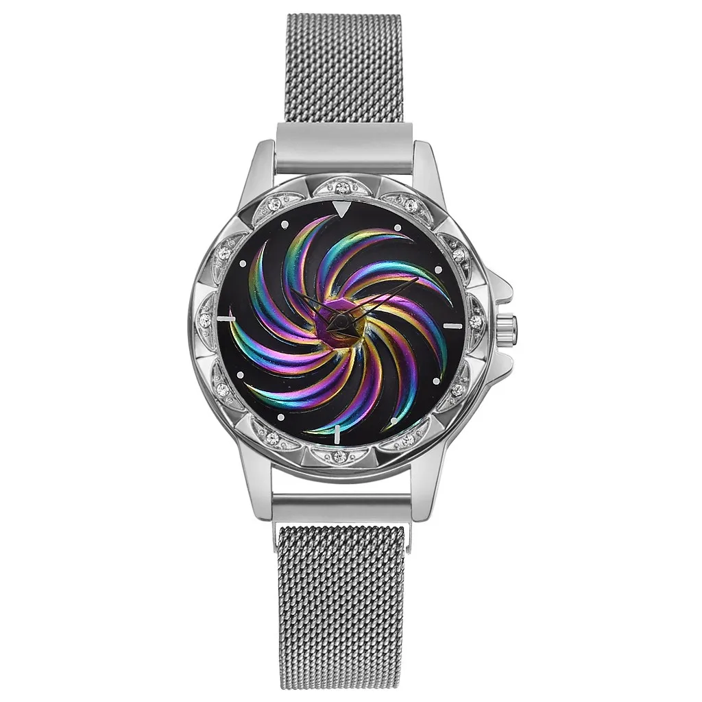 Новая мода вращающийся крутой цветной узор циферблат часы вращающийся цветок поверхность сетчатый ремешок часы ювелирные изделия с бриллиантами для женщин часы 1 - Цвет: G