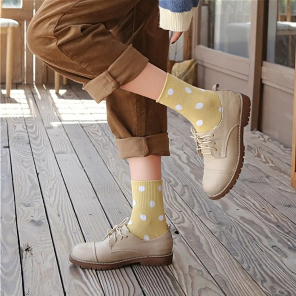 Japanese Korea High School Girls High Dot Retro Socks Loose Solid Colors Double Needles Knitting Cotton Long Socks Women