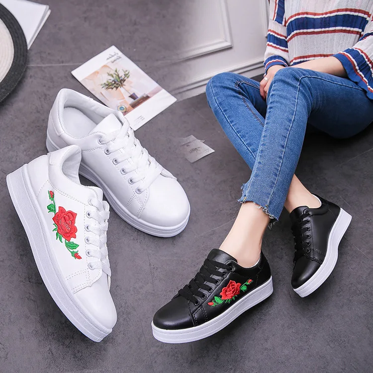 

2017 Spring And Autumn New Style Shoes Low Top round-Toe Lace-up Embroidery Flower Rose Women's Board Shoes
