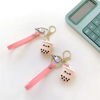 

Silicone Pearl Milk Tea Cute Keychain Luxury Kawaii Keychains For Ladies Girls Bag Car Airpods Charm Accessories Gift Key rings