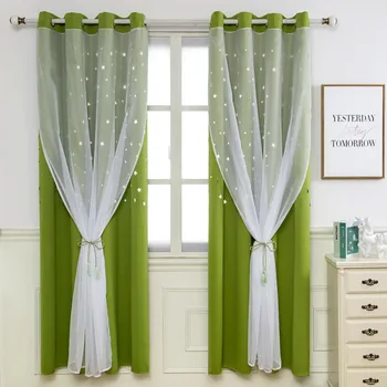 

Hollow Out Star Blackout Window Curtain Green Color Double-layer Shade Curtains for Living Room Bedroom Balcony Decor