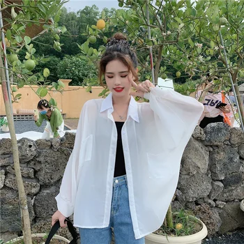 

COIGARSAM Full Sleeve Shirt Womens tops Summer Chiffon Women shirts Conventional Models Long 2056